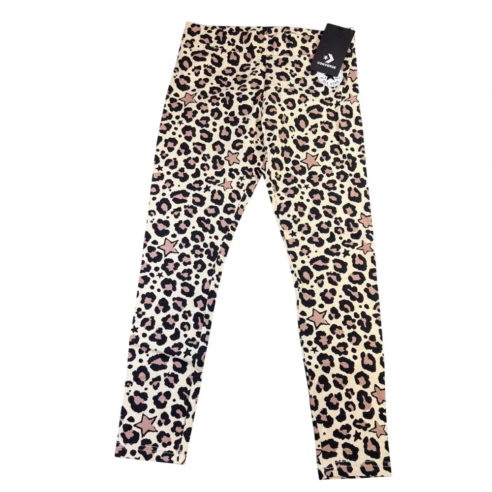 Converse Girls Leopard Star Print Leggings Natural Tan Black L 12-13Y NWT J9